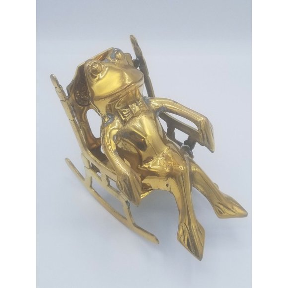 Brass Frog in Rocking Chair Figurine Bow Tie Gentleman Frog Made in Korea - Picture 6 of 8
